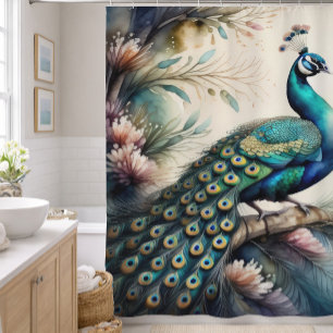Watercolor Painting of Peacock Shower Curtain