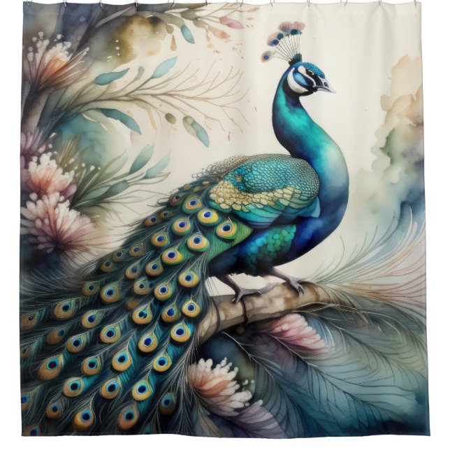 Watercolor Painting of Peacock Shower Curtain (Front)