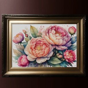 Watercolor Painting of Peonies Poster