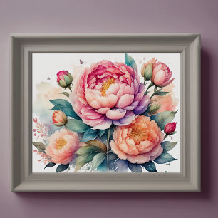 Watercolor Painting of Peonies Poster