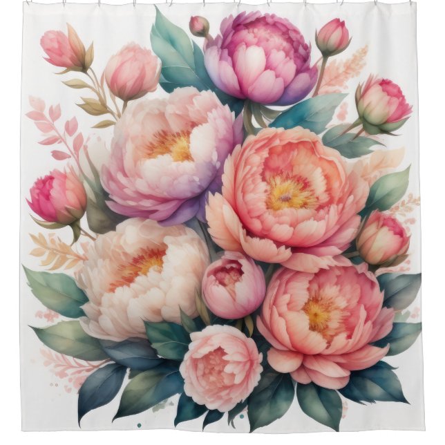 Watercolor Painting of Peonies Shower Curtain (Front)