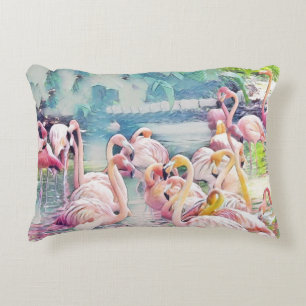 Watercolor Painting of Pink Flamingos in the Water Decorative Cushion
