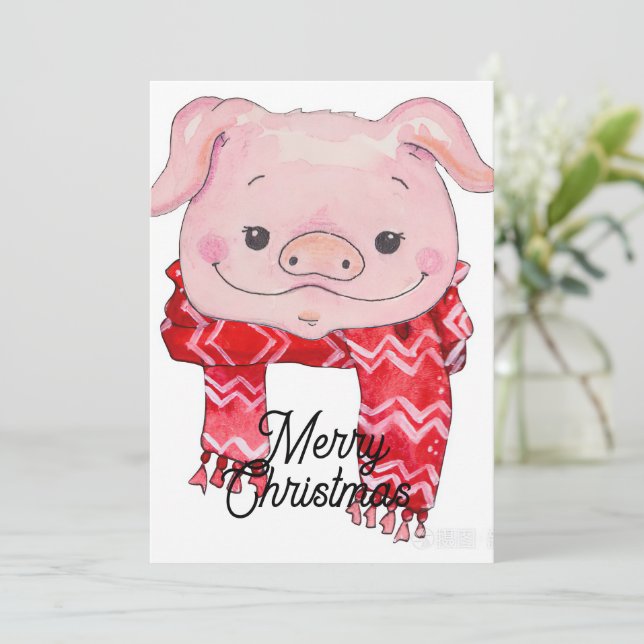 Watercolor painting of pink pig with red scarf invitation (Standing Front)