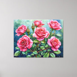 Watercolor Painting of Pink Roses with Dewdrops Canvas Print