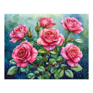 Watercolor Painting of Pink Roses with Dewdrops Photo Print