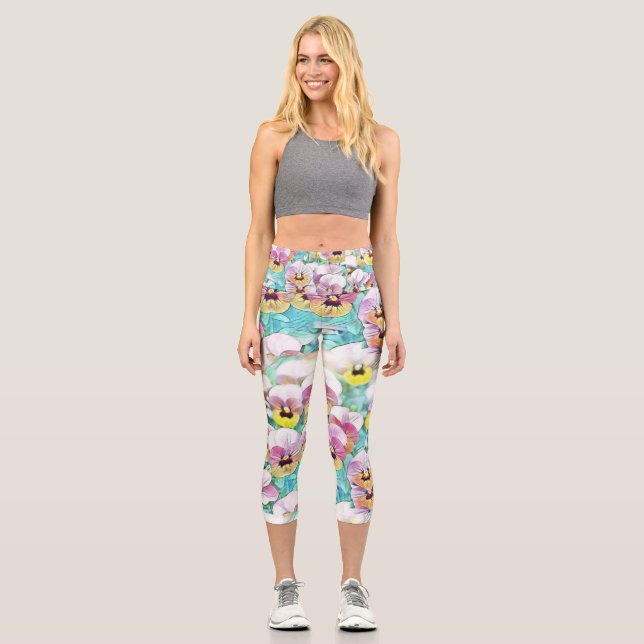 Watercolor painting of pink yellow white pansies  capri leggings (Front)