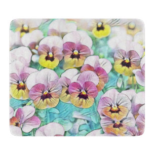 Watercolor painting of pink, yellow, white pansies cutting board
