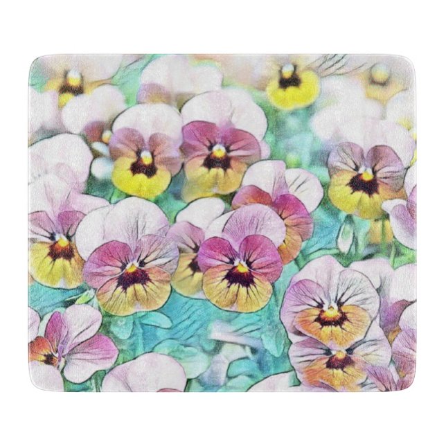 Watercolor painting of pink, yellow, white pansies cutting board (Front)