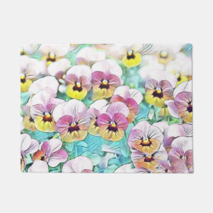 Watercolor painting of pink yellow white pansies doormat