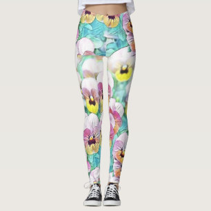 Watercolor painting of pink yellow white pansies leggings