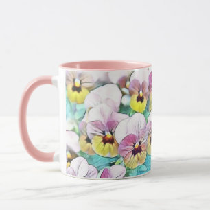 Watercolor painting of pink, yellow, white pansies mug