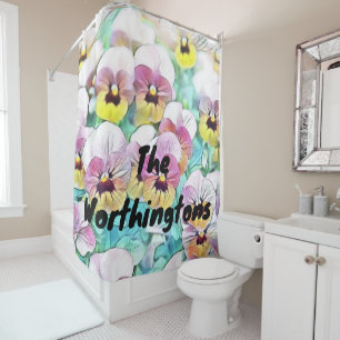 Watercolor painting of pink yellow white pansies   shower curtain