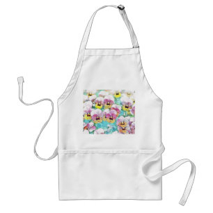 Watercolor painting of pink, yellow, white pansies standard apron