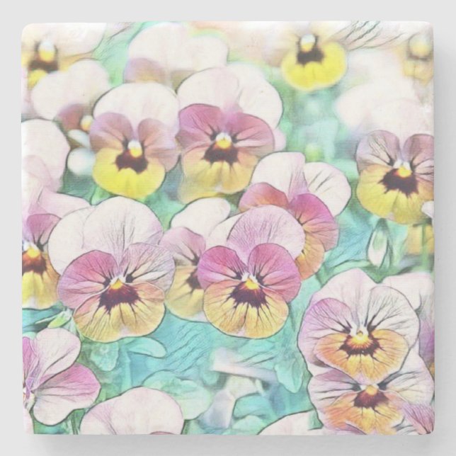 Watercolor painting of pink, yellow, white pansies stone coaster (Front)