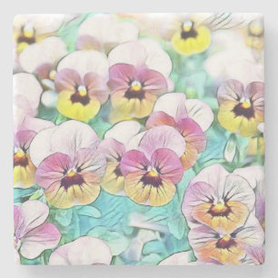 Watercolor painting of pink, yellow, white pansies stone coaster