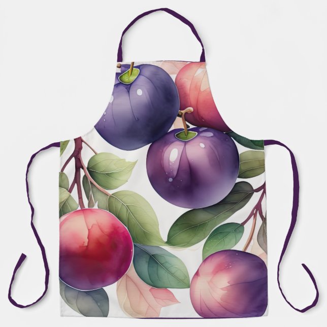 Watercolor Painting of Plums Apron (Front)