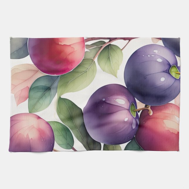 Watercolor Painting of Plums Tea Towel (Horizontal)