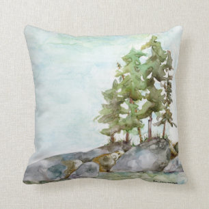 Watercolor painting of rocks and pines BWCAW Cushion