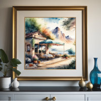 Watercolor Painting of Rural European Cafe
