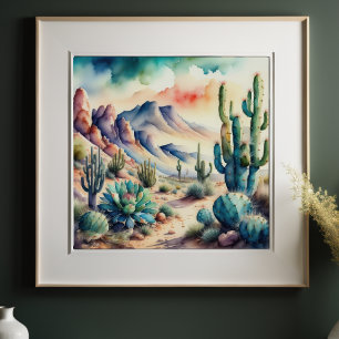 Watercolor Painting of Rural Landscape Desert Poster