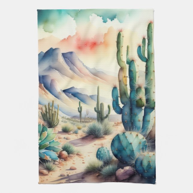 Watercolor Painting of Rural Landscape Desert Tea Towel (Vertical)