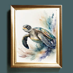 Watercolor Painting of Sea Turtle Muted Colours Poster
