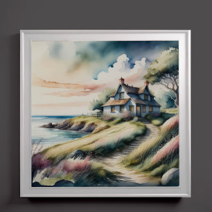 Watercolor Painting of Seaside Cottage Poster