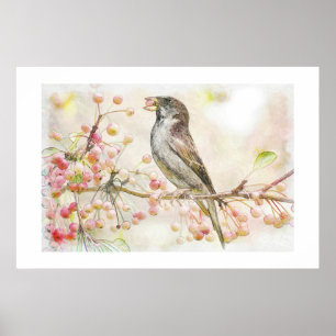 Watercolor Painting of Sparrow Eating Berries Poster