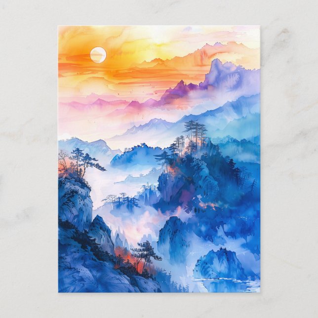 Watercolor painting of sundown chinese mountain postcard (Front)