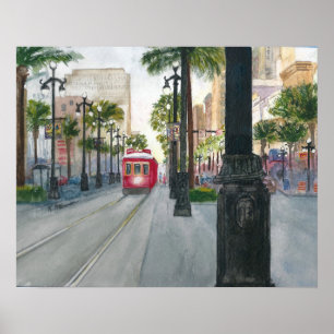 Watercolor Painting of Trolley in New Orleans Poster