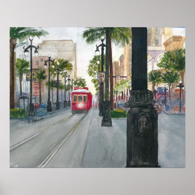 Watercolor Painting of Trolley in New Orleans Poster (Front)