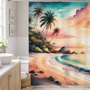 Watercolor Painting of Tropical Beach Sunset Shower Curtain