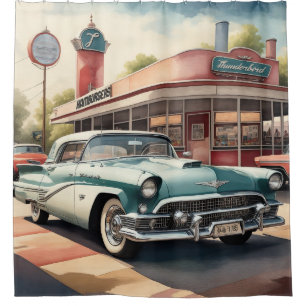 Watercolor Painting of Vintage Car and Diner Shower Curtain
