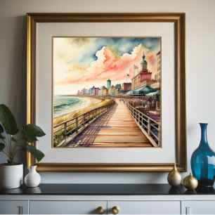 Watercolor Painting of Vintage Shoreline Boardwalk Poster