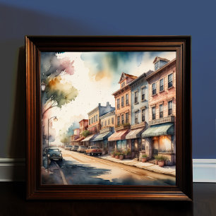 Watercolor Painting of Vintage Small Town Street Poster
