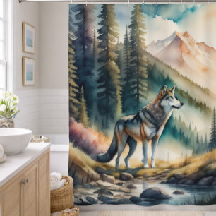 Watercolor Painting of Wolf in Forest Shower Curtain