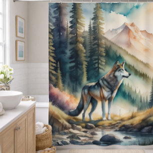 Watercolor Painting of Wolf in Forest Shower Curtain