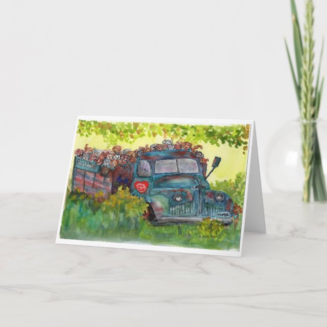 watercolor painting old truck full of rescue dogs card (Front)