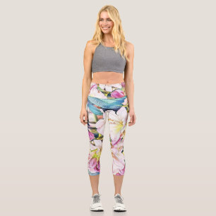 Watercolor painting pink white azalea flower capri leggings