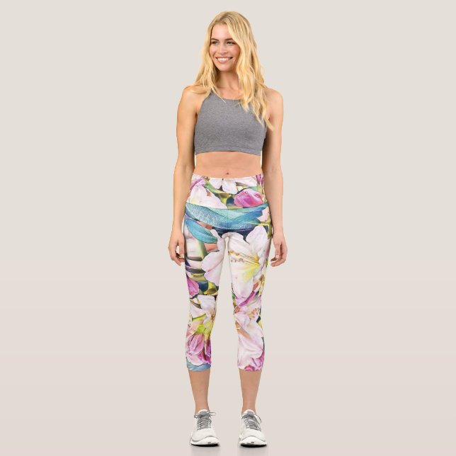 Watercolor painting pink white azalea flower  capri leggings (Front)