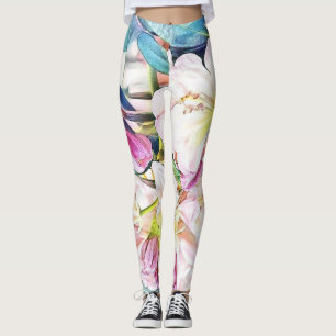 Watercolor painting pink white azalea flower  leggings