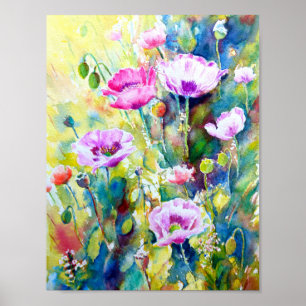 Watercolor Painting purple Poppies Poster