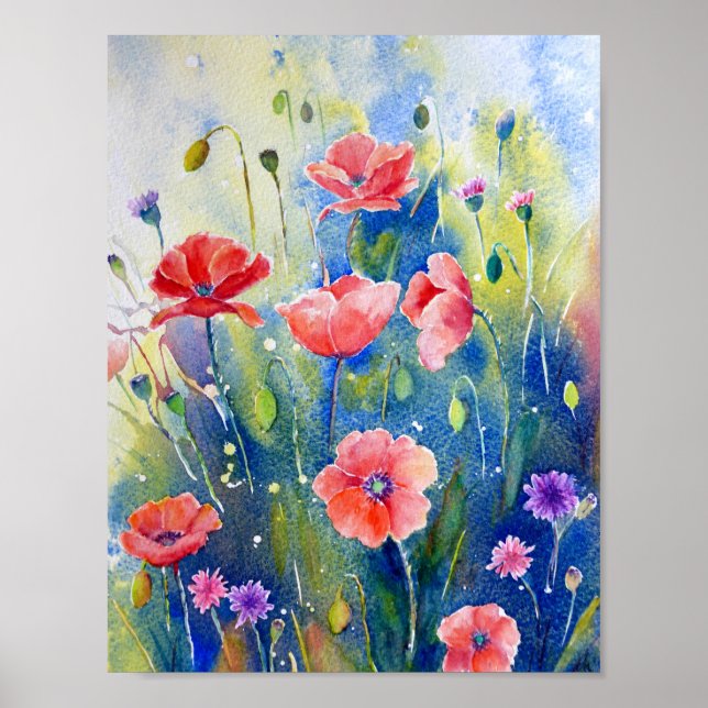 Watercolor Painting Red Poppies Poster (Front)