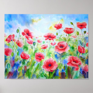 Watercolor Painting Red Poppy Field Poster