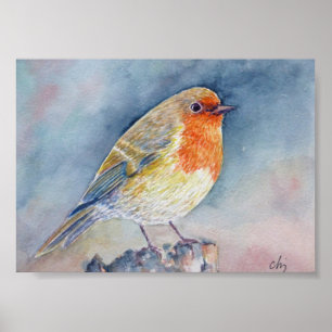 Watercolor Painting Robin bird Poster