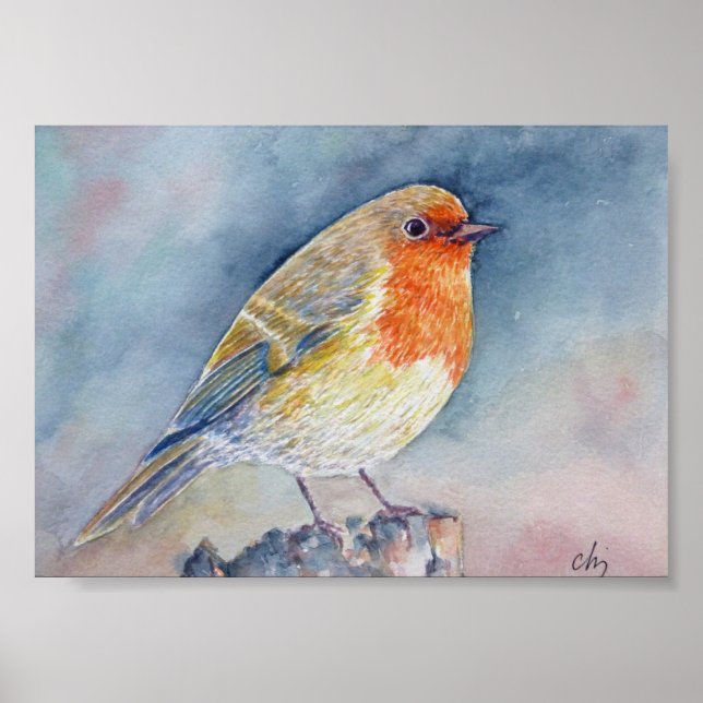 Watercolor Painting Robin bird Poster (Front)