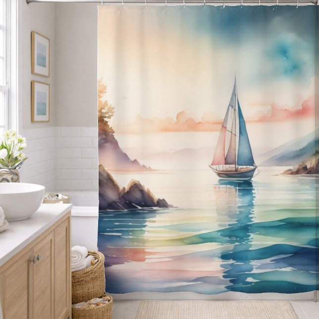 Watercolor Painting Sailboat on the Water Shower Curtain (Creator Uploaded)