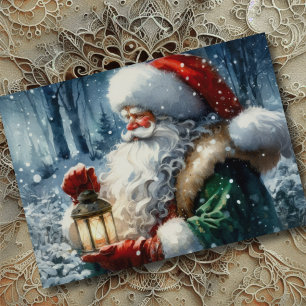 Watercolor Painting Santa Claus in Snowy Forest Holiday Card