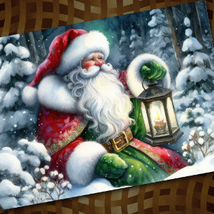 Watercolor Painting Santa Claus in Snowy Forest Holiday Card