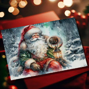 Watercolor Painting Santa Claus in Snowy Forest Holiday Card